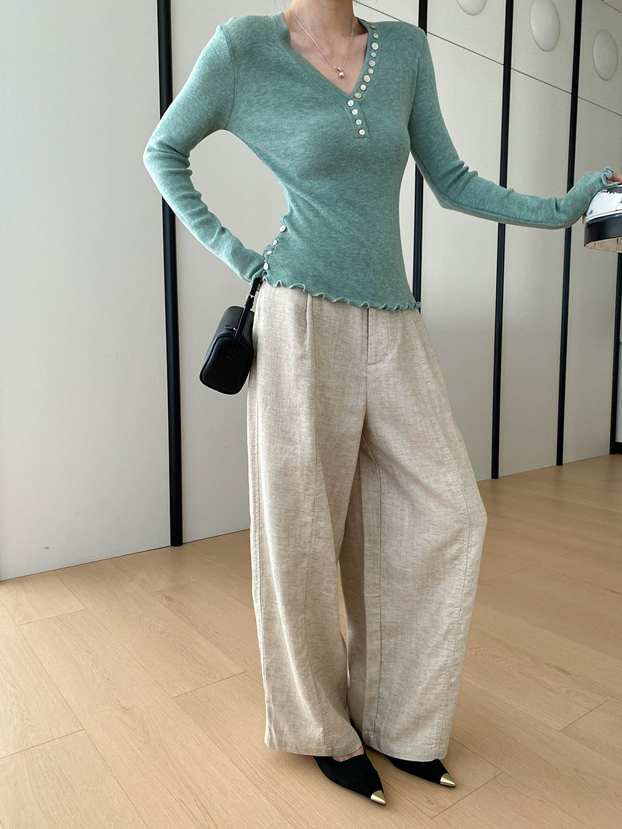 Molly Slim V-Neck Auricular Knitted Top