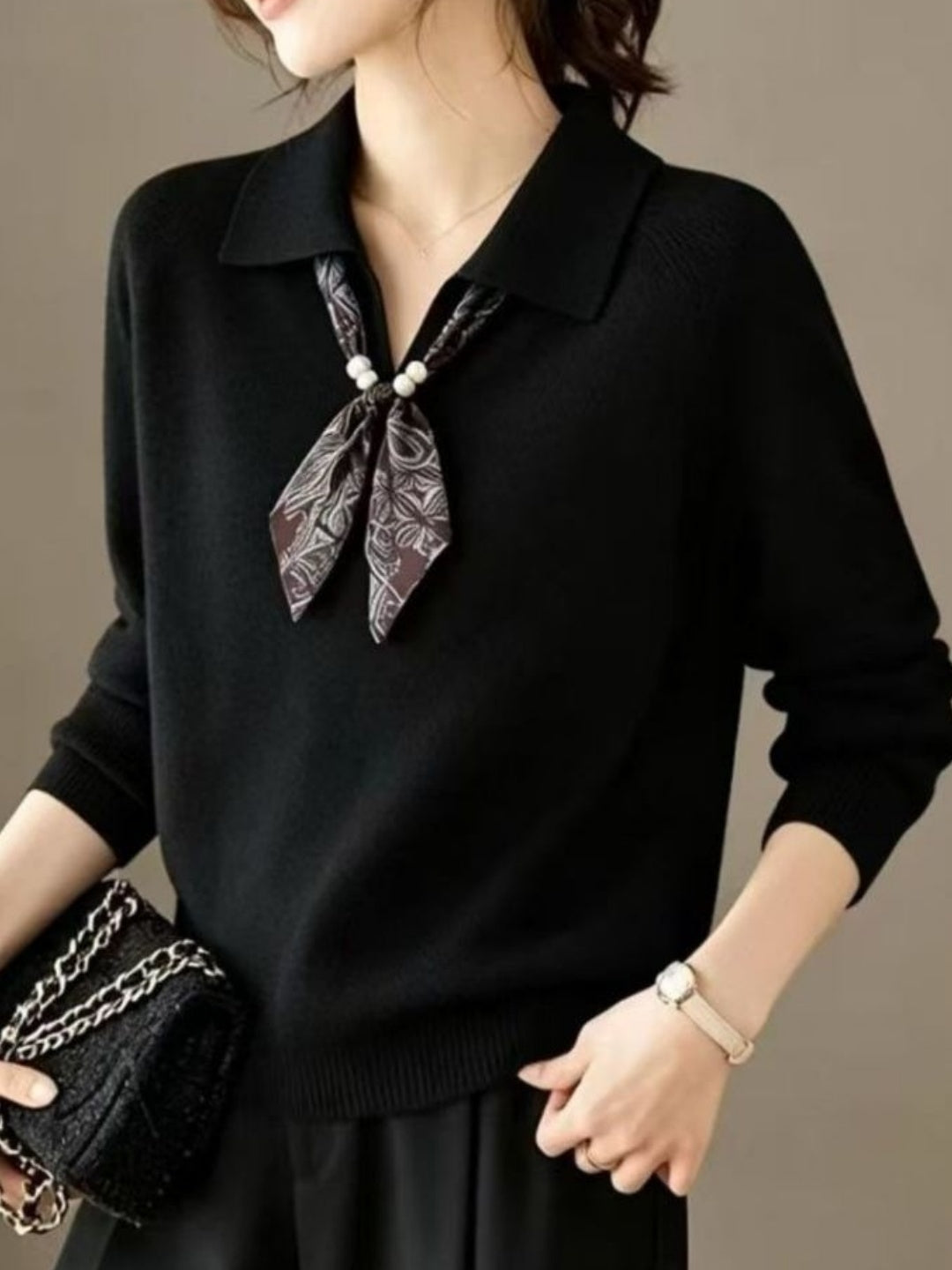 Polo Collar Silk Scarf Detail Sweater