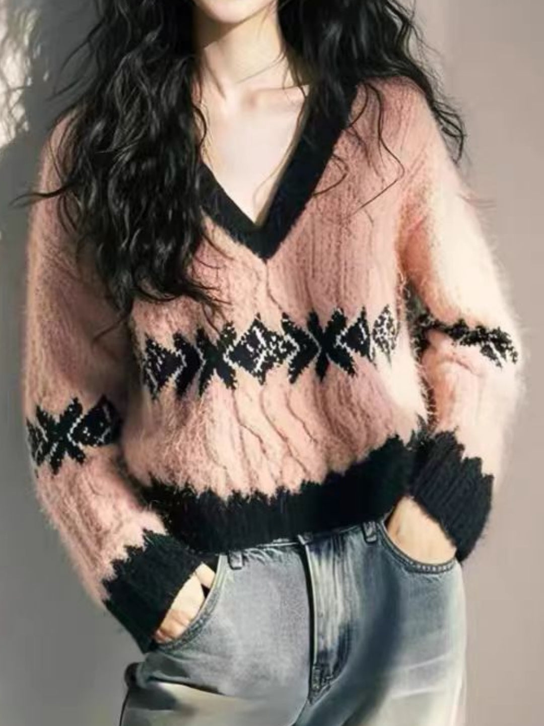 V-neck Color-block Jacquard Sweater
