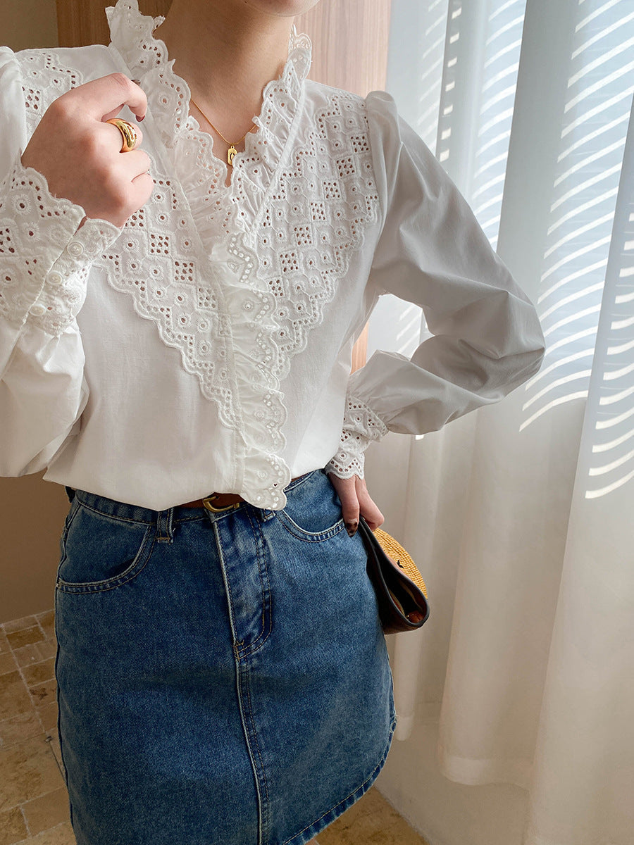 Brianna Retro V-Neck Hollowed Embroidered Blouse