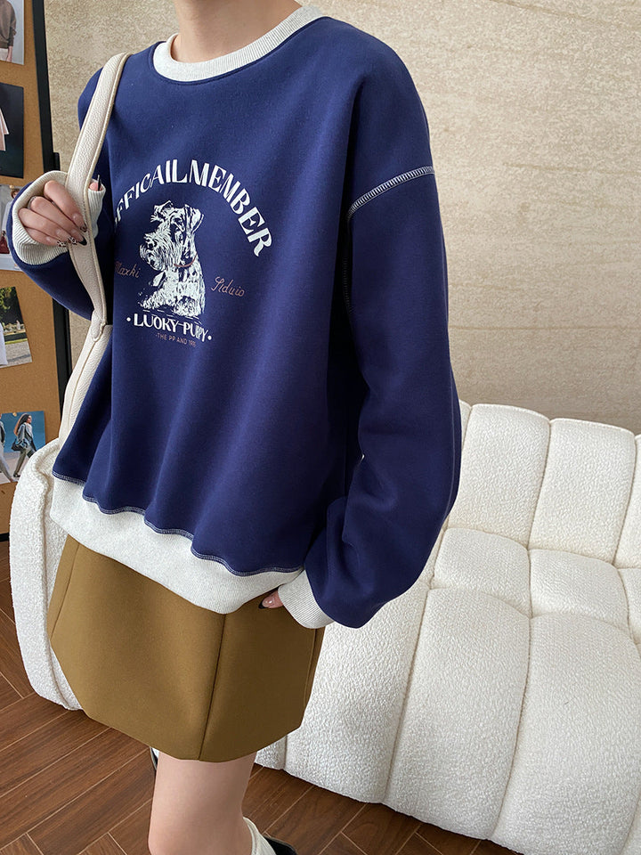 Olivia Loose Crew Neck Printed Fleece Sweatshirt