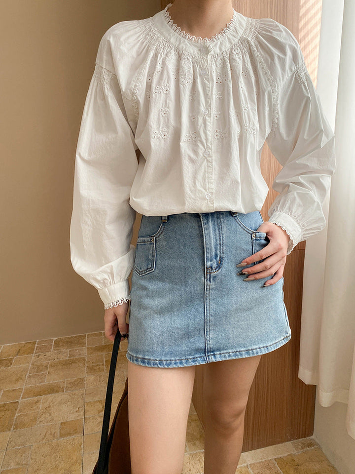 Ashley Retro Crew Neck Hollowed Embroidered Blouse