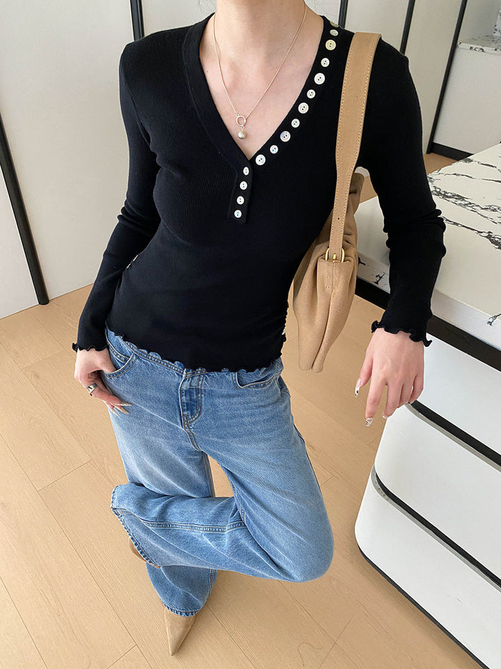 Molly Slim V-Neck Auricular Knitted Top