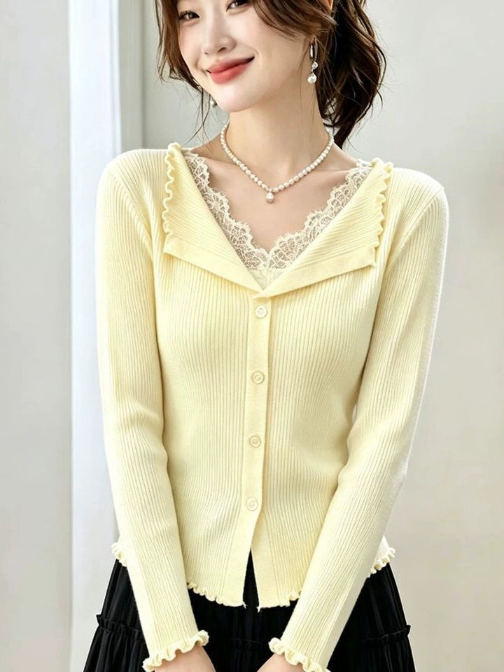 Patchwork Lace Trim V-neck Top