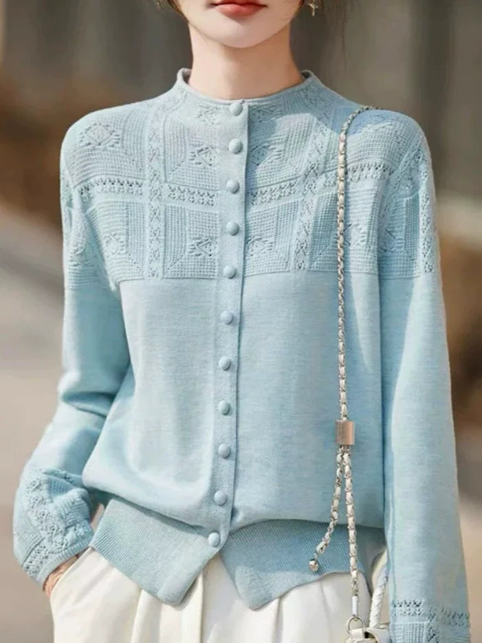 Openwork Crochet Mock-neck Knit Cardigan