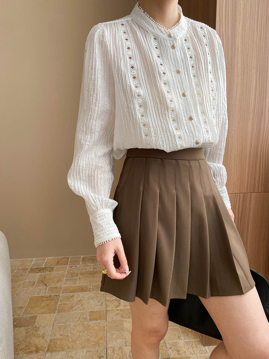 Sophia Retro Lantern Sleeve Hollowed Embroidered Top