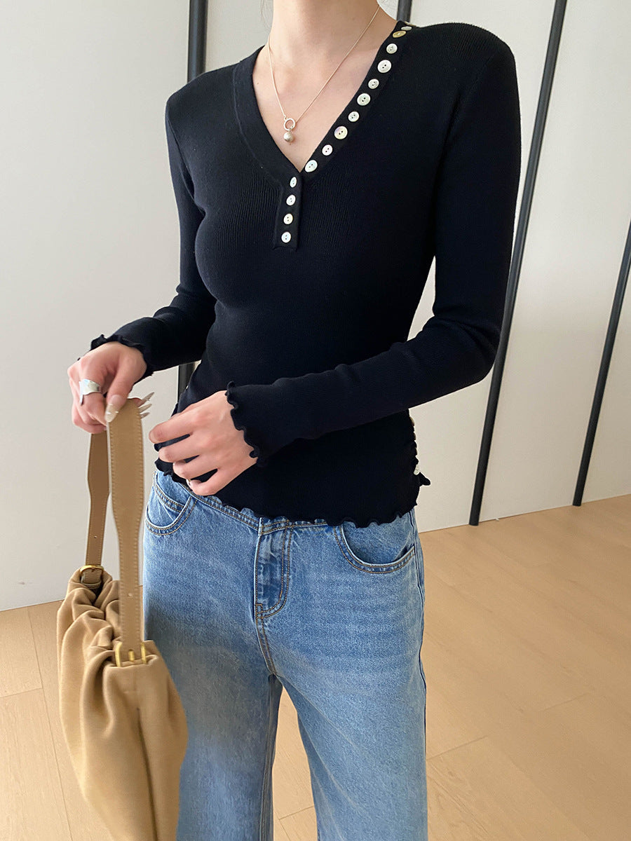 Molly Slim V-Neck Auricular Knitted Top