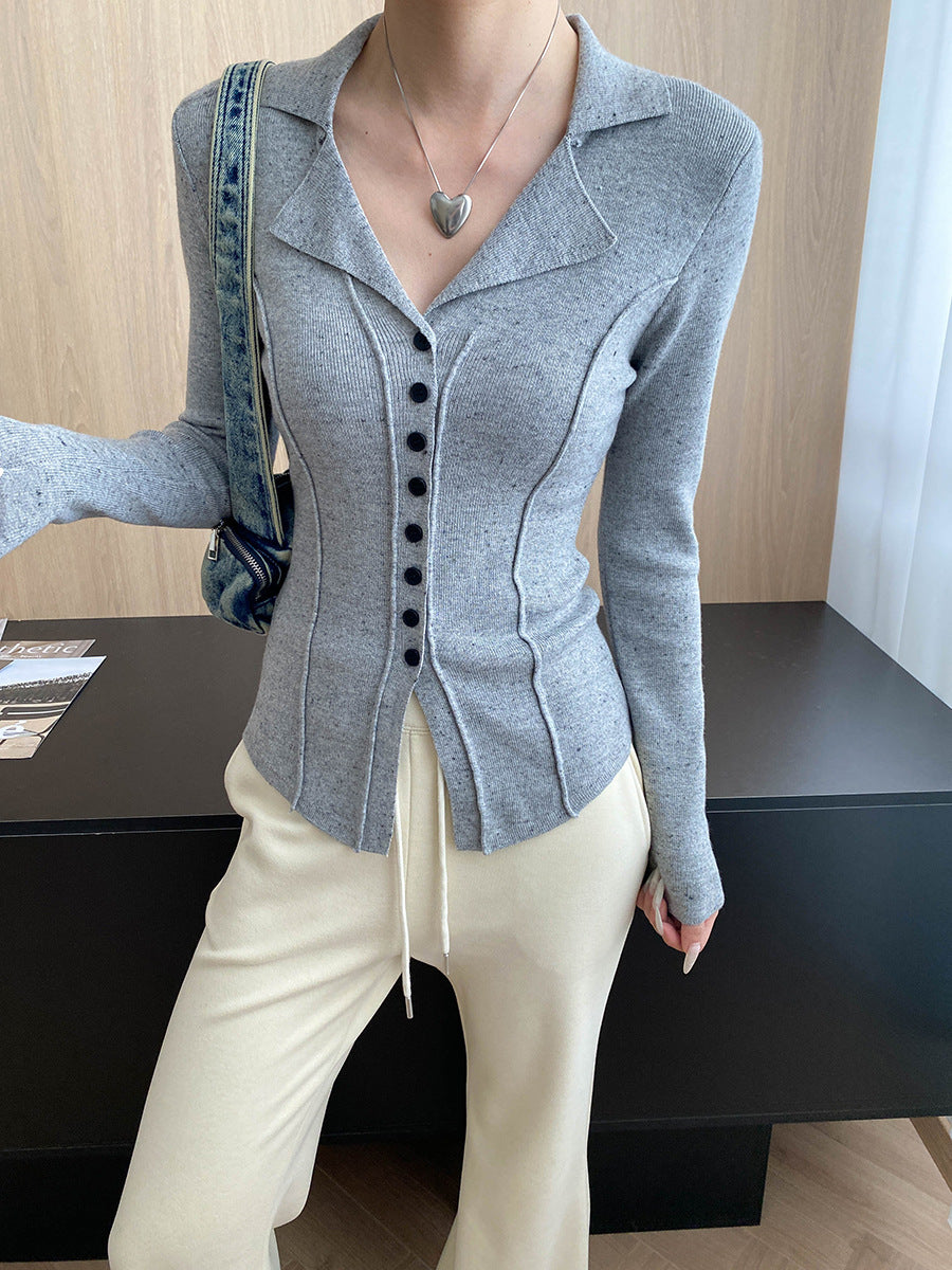 Jessica Slim Lapel Solid Color Knitted Cardigan