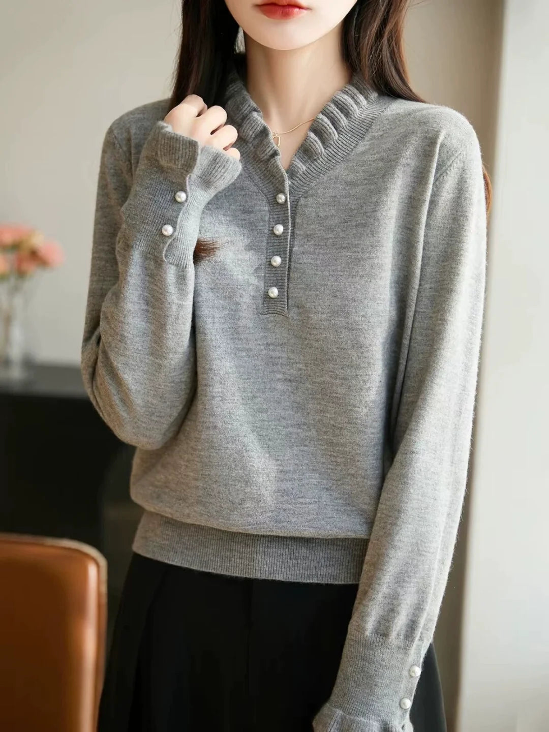 V-neck Beaded Knit Base Layer Top
