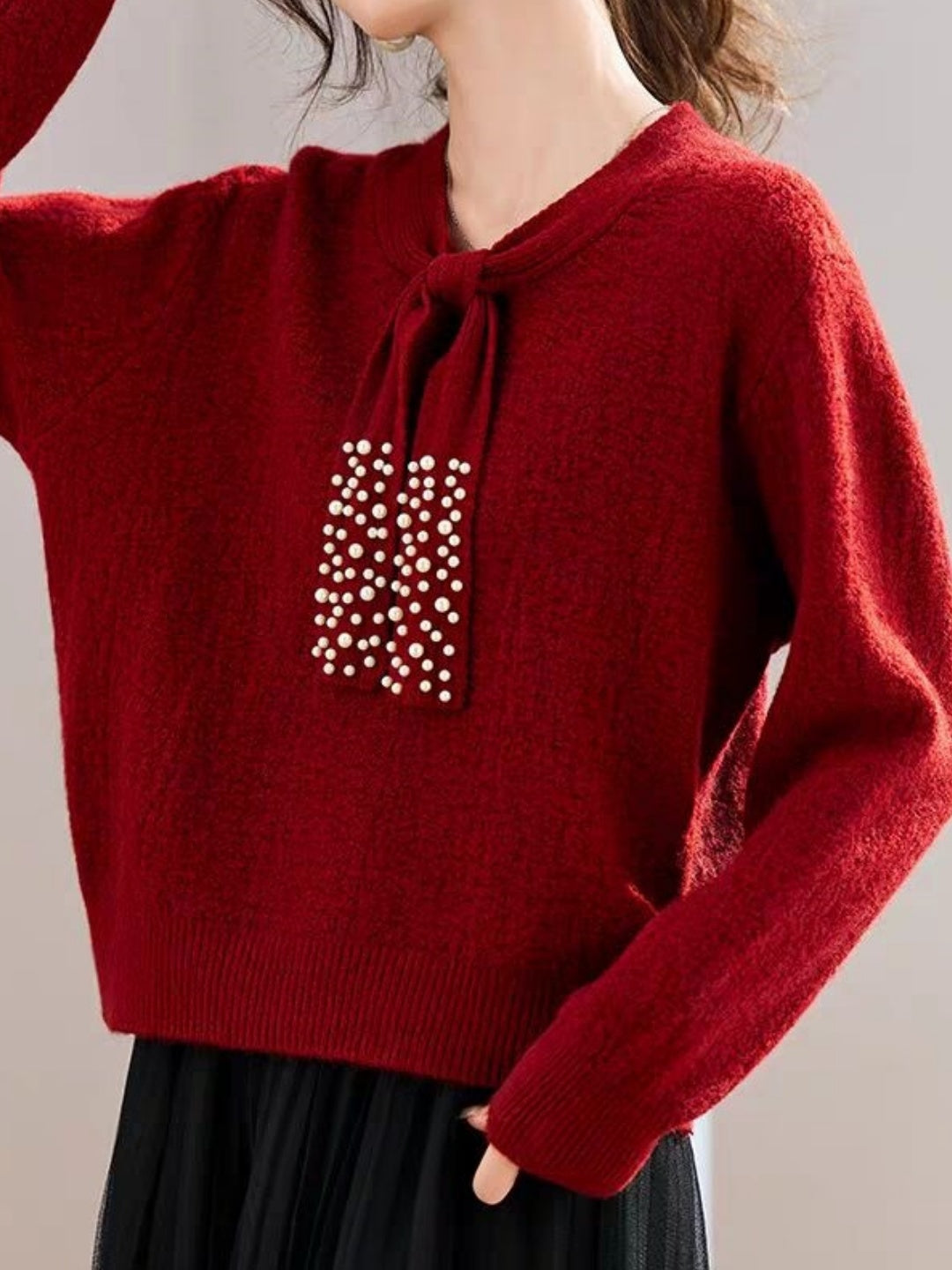 Textured Beaded Red Sweater