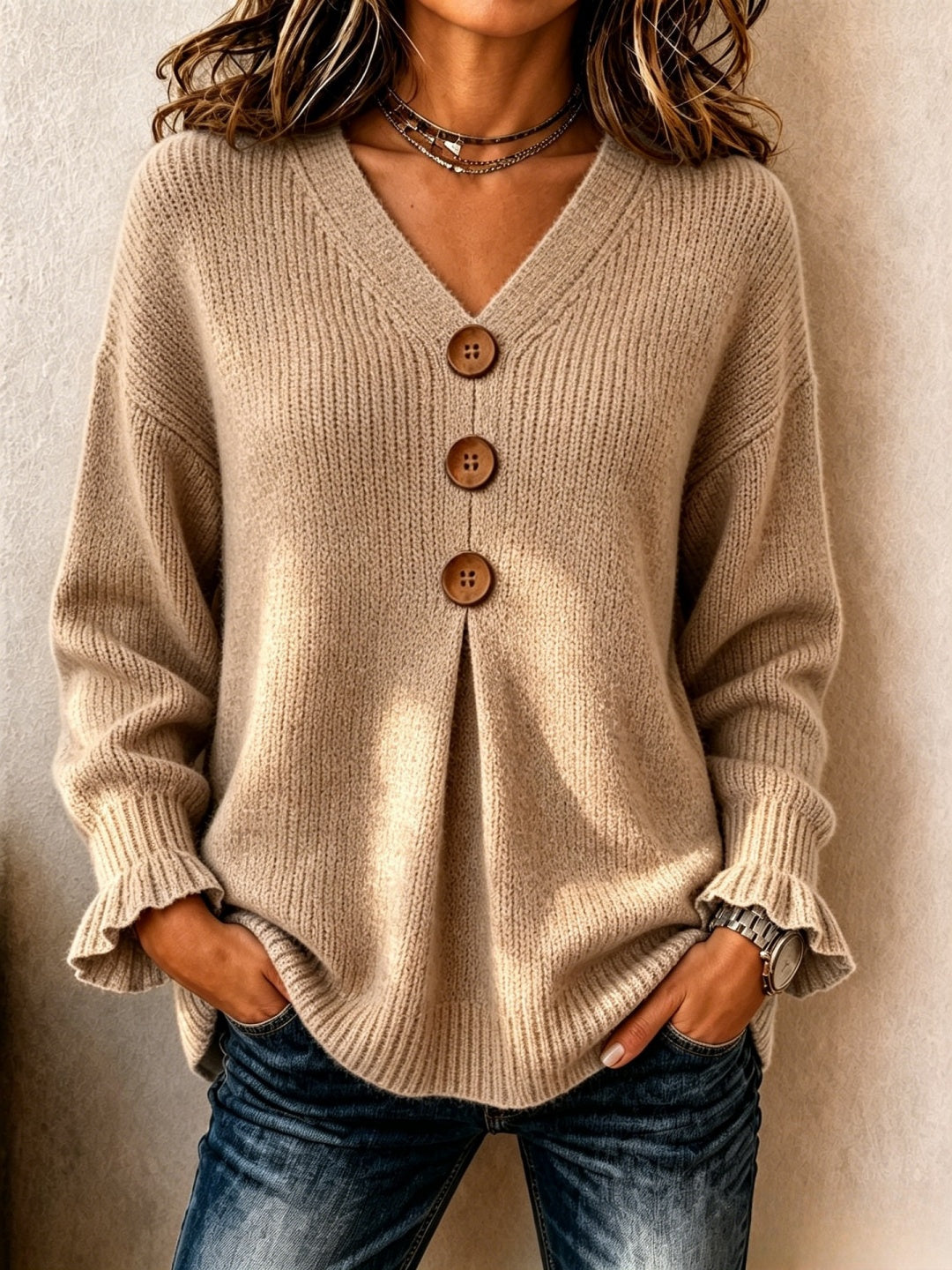 V-neck Ruffled Sleeves Knit Sweater