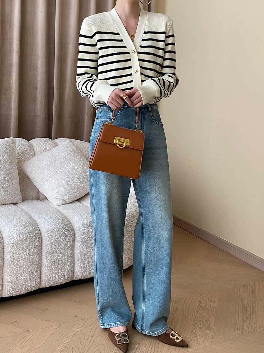 Hannah Casual V-Neck Color-Blocked Striped Knitted Cardigan