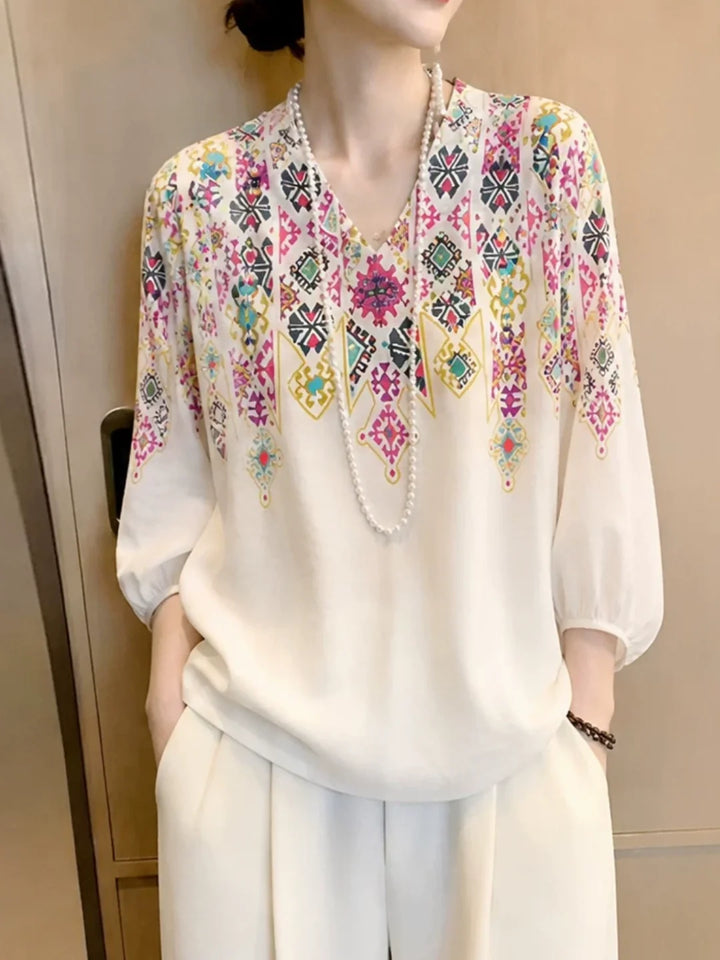 Printed V-neck Lantern-sleeve Shirt