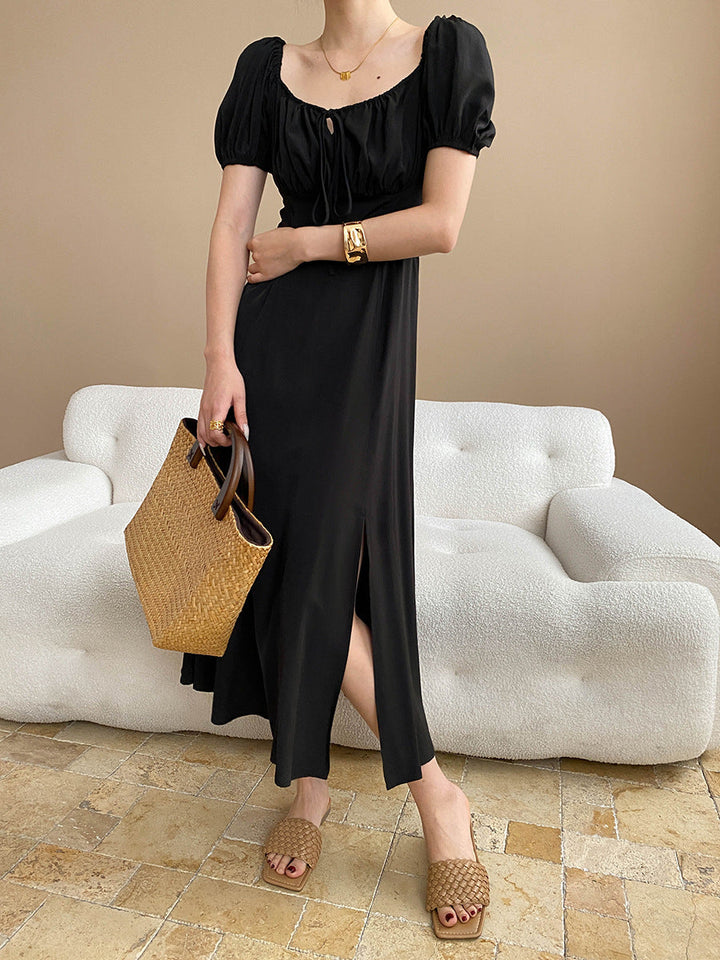 Elva Vacation Square Neck Pleated Slit Dress