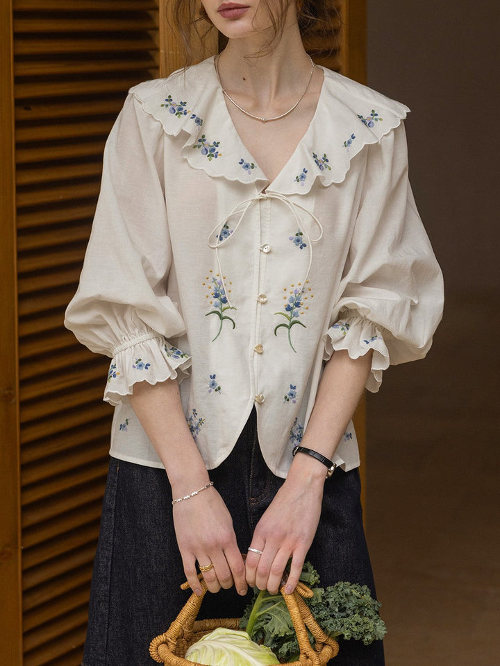 Brianna Vacation Ruffled Collar Embroidered Top