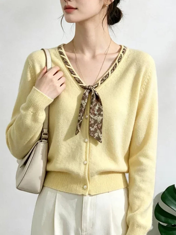 V-neck Scarf Detail Knit Cardigan