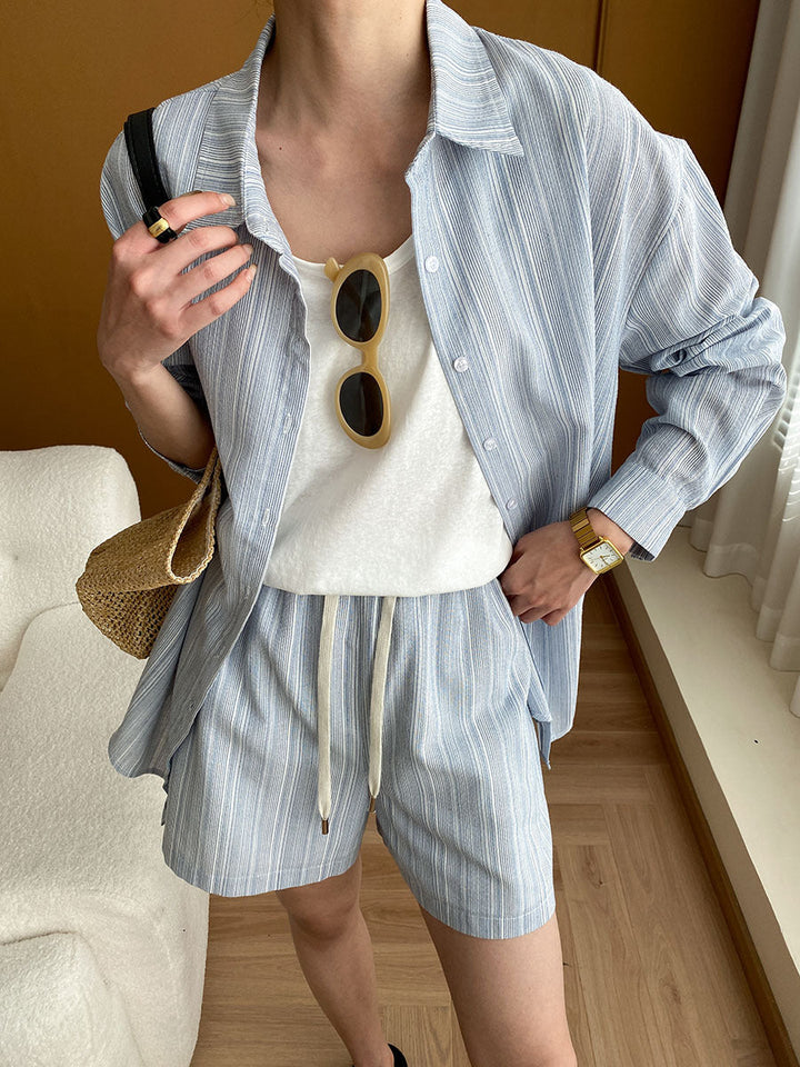 Mariah Casual Lapel Textured Striped Shirt And Shorts Set