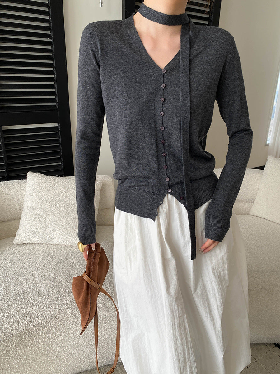 Grace Daily V-neck Ribbon Knitted Cardigan