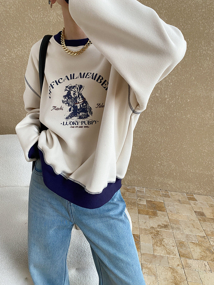 Olivia Loose Crew Neck Printed Fleece Sweatshirt