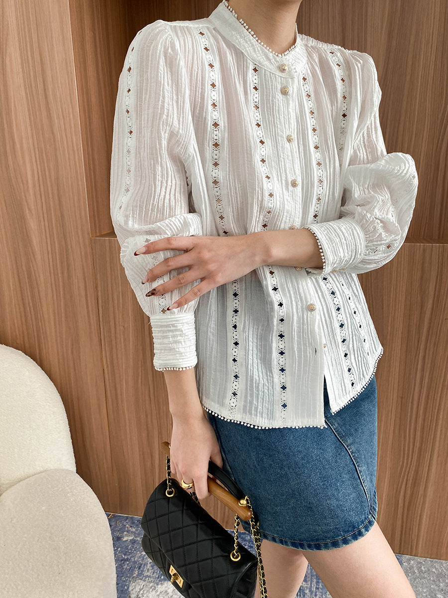 Sophia Retro Lantern Sleeve Hollowed Embroidered Top