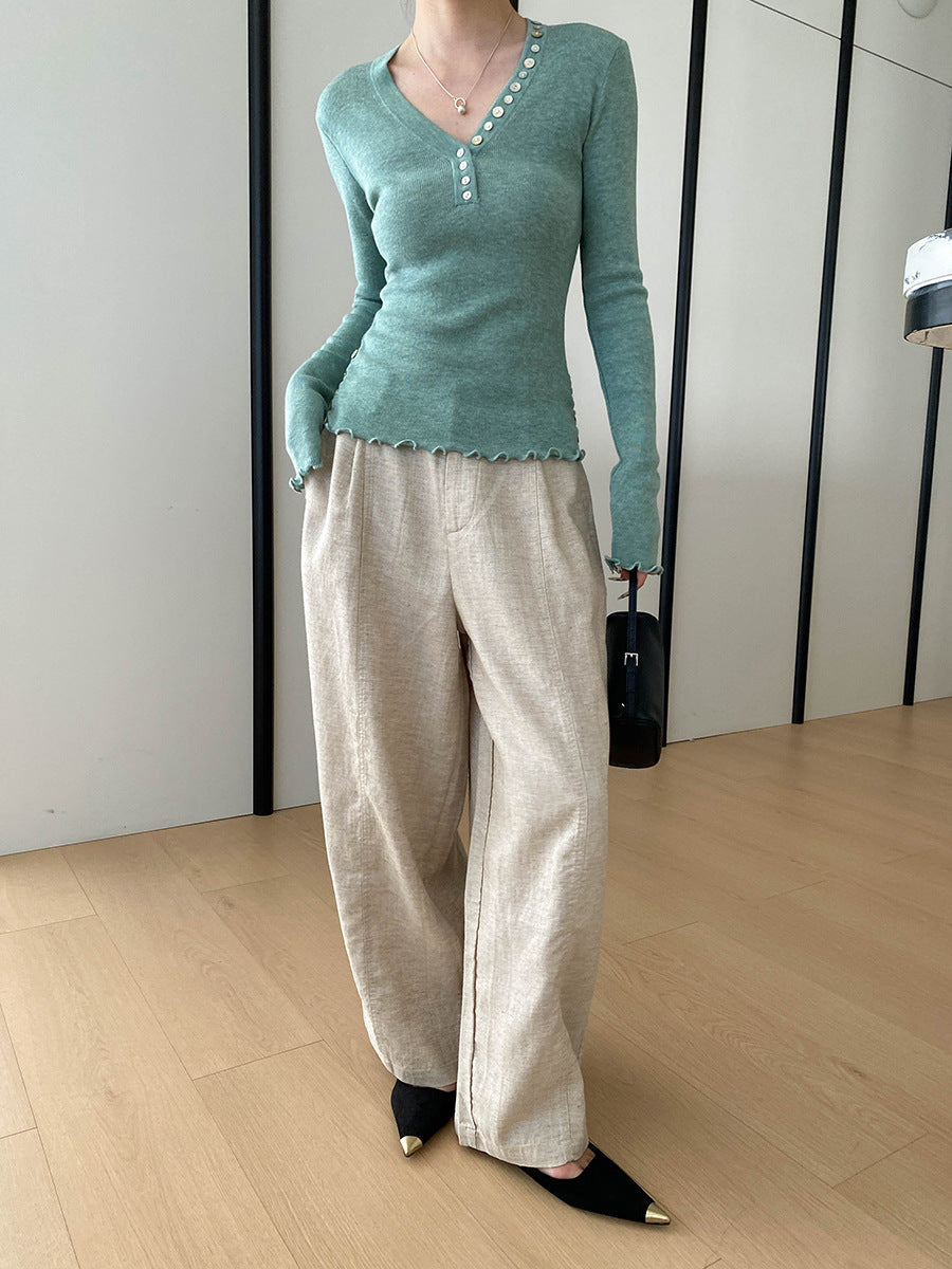 Molly Slim V-Neck Auricular Knitted Top