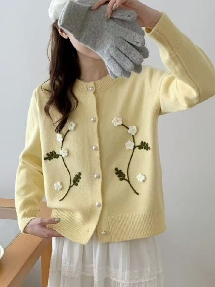 Embroidered Floral Crew-Neck Cardigan