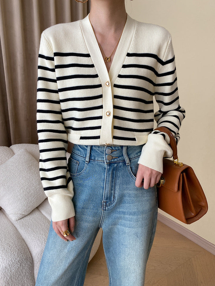Hannah Casual V-Neck Color-Blocked Striped Knitted Cardigan