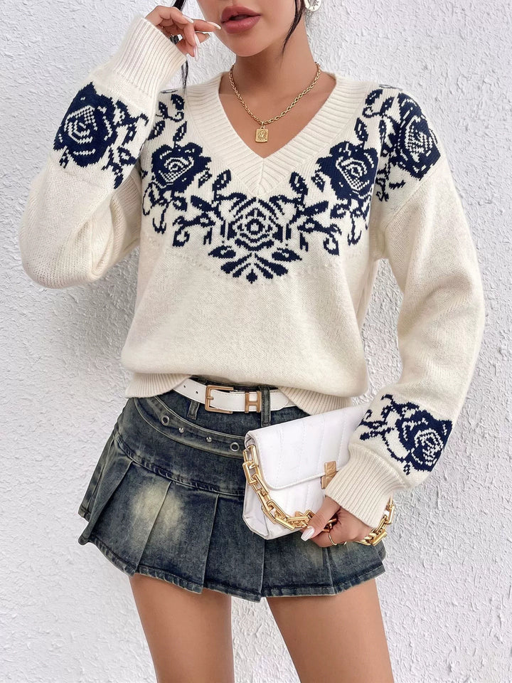 V-neck Rose Jacquard Knit Sweater