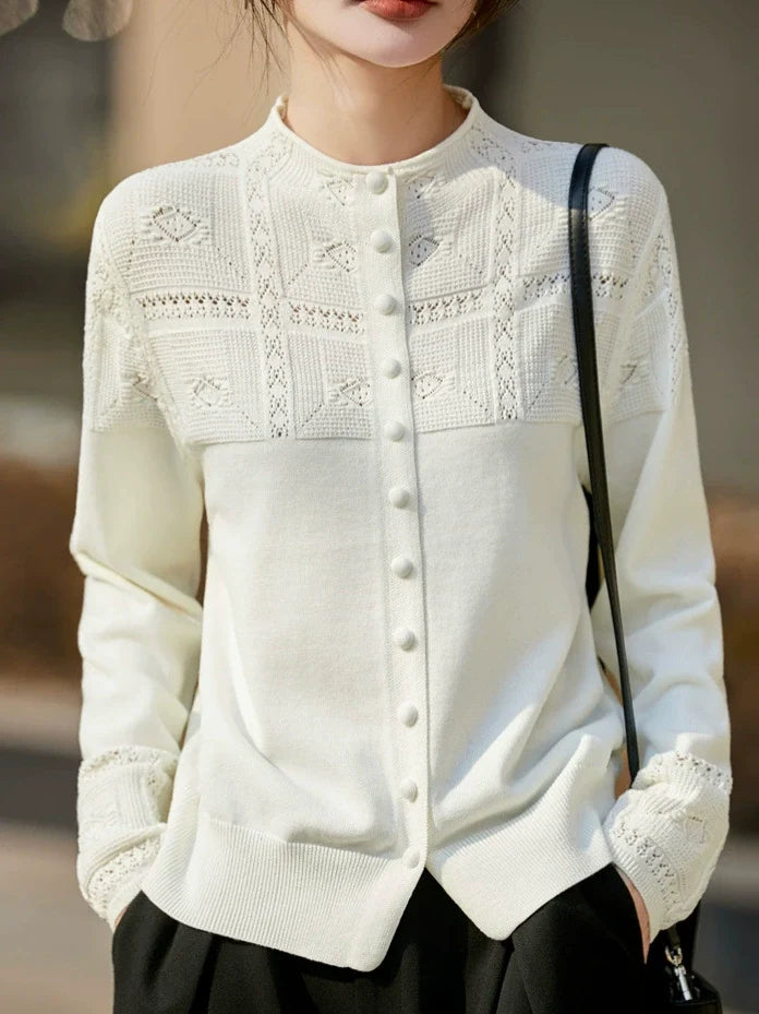Openwork Crochet Mock-neck Knit Cardigan