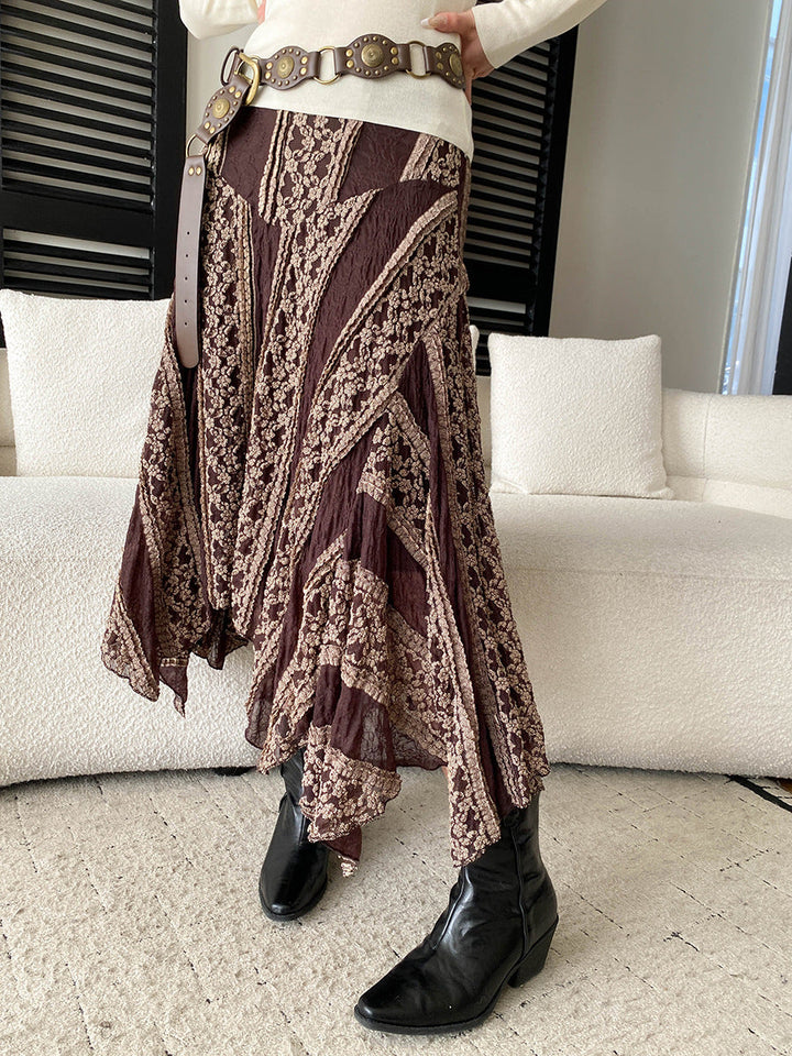 Abigail High-Waisted Irregular Lace Patchwork A-Line Skirt