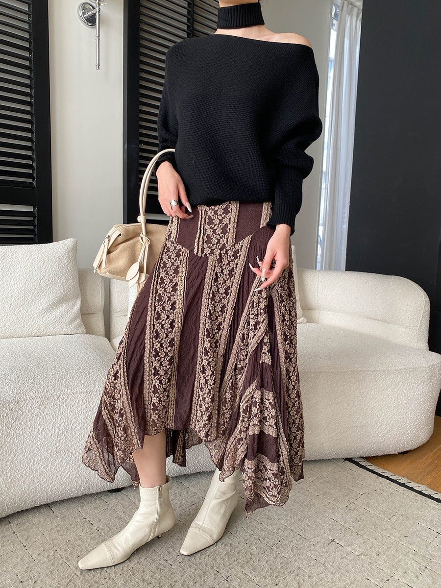Abigail High-Waisted Irregular Lace Patchwork A-Line Skirt