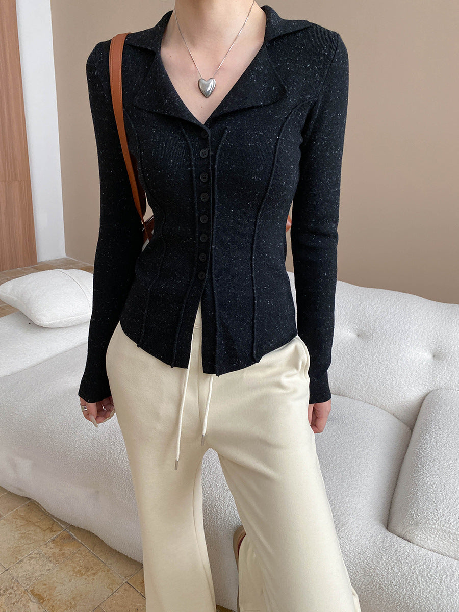 Jessica Slim Lapel Solid Color Knitted Cardigan