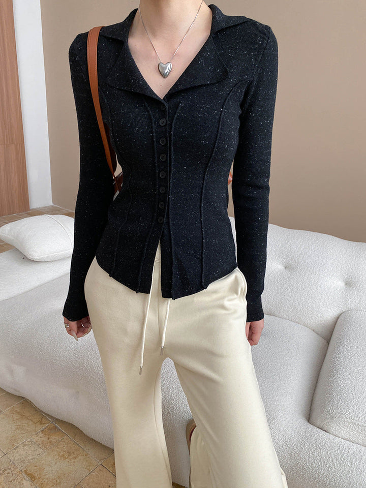 Jessica Slim Lapel Solid Color Knitted Cardigan