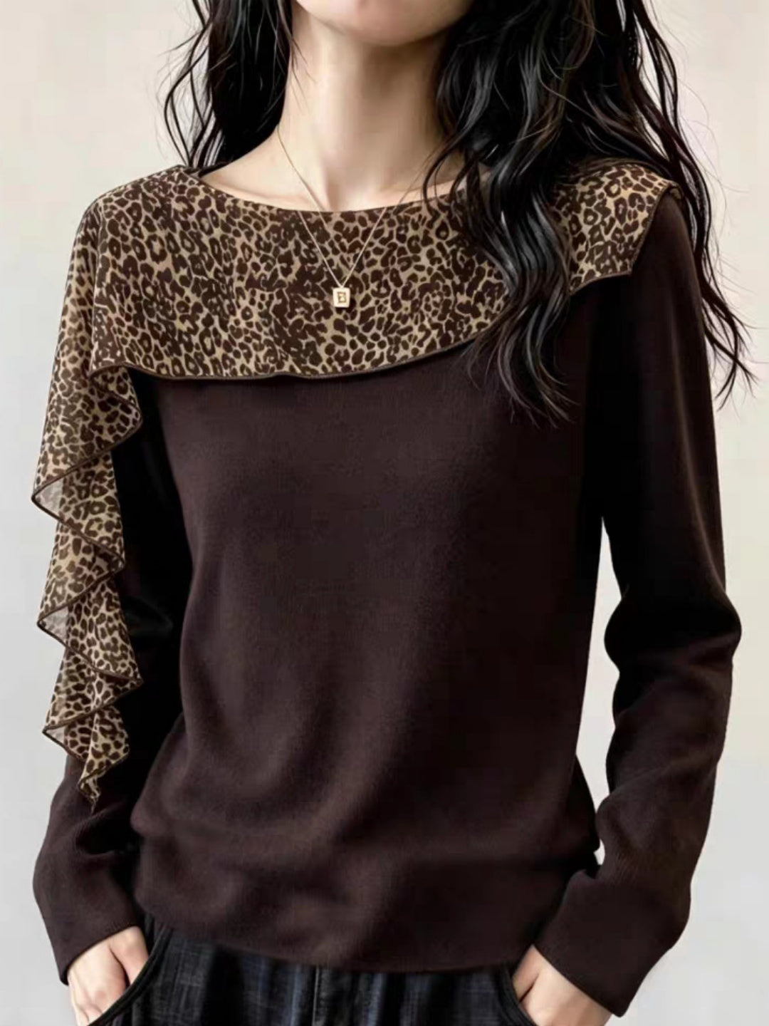 Leopard-print Panelled Crew-neck Knit Top