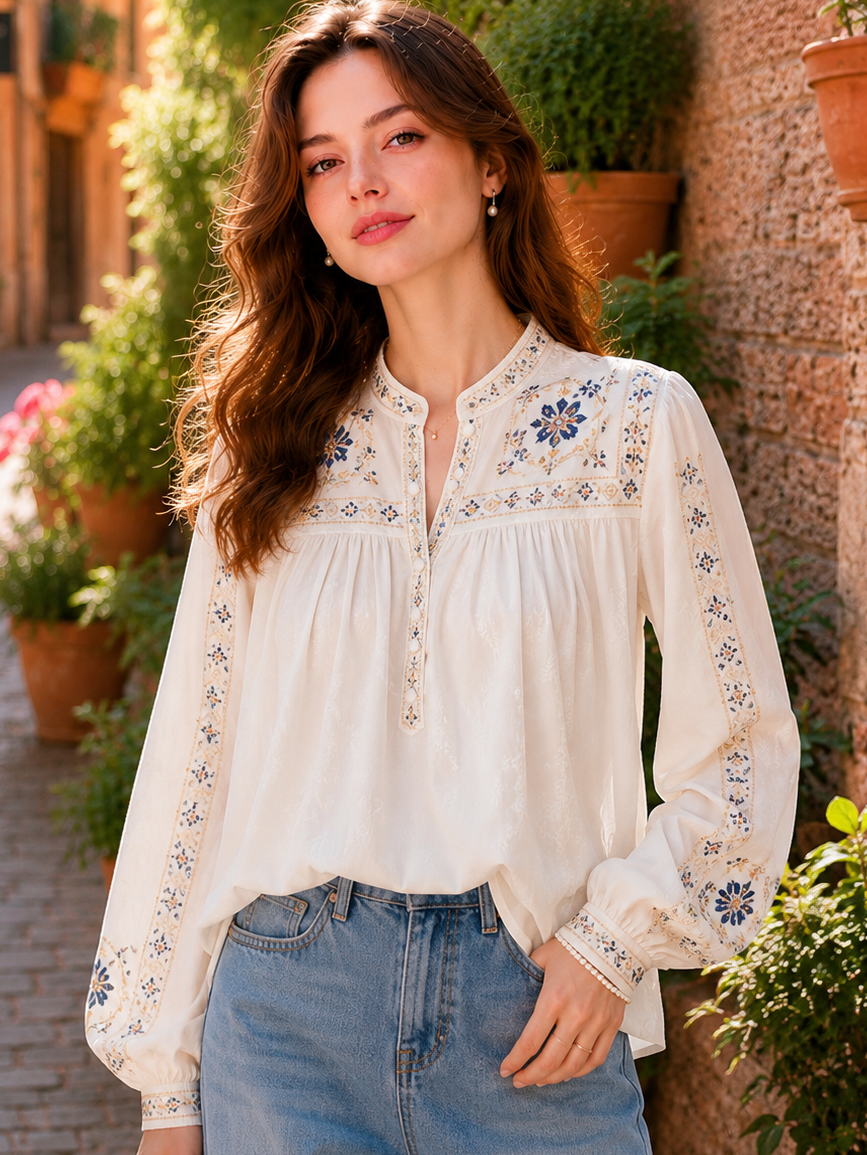 Ella Casual Crew Neck Printed Floral Blouse
