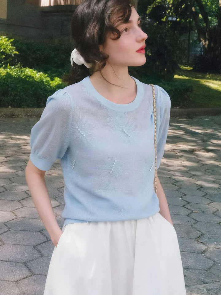 Brianna Casual Puff Sleeve Jacquard Beaded Knitted Top