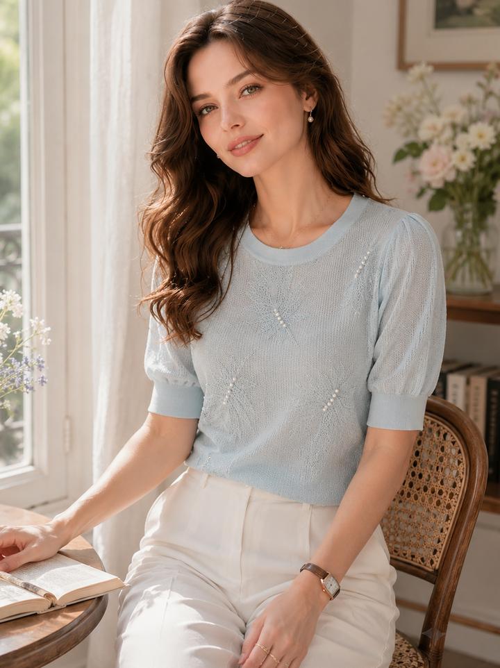 Brianna Casual Puff Sleeve Jacquard Beaded Knitted Top