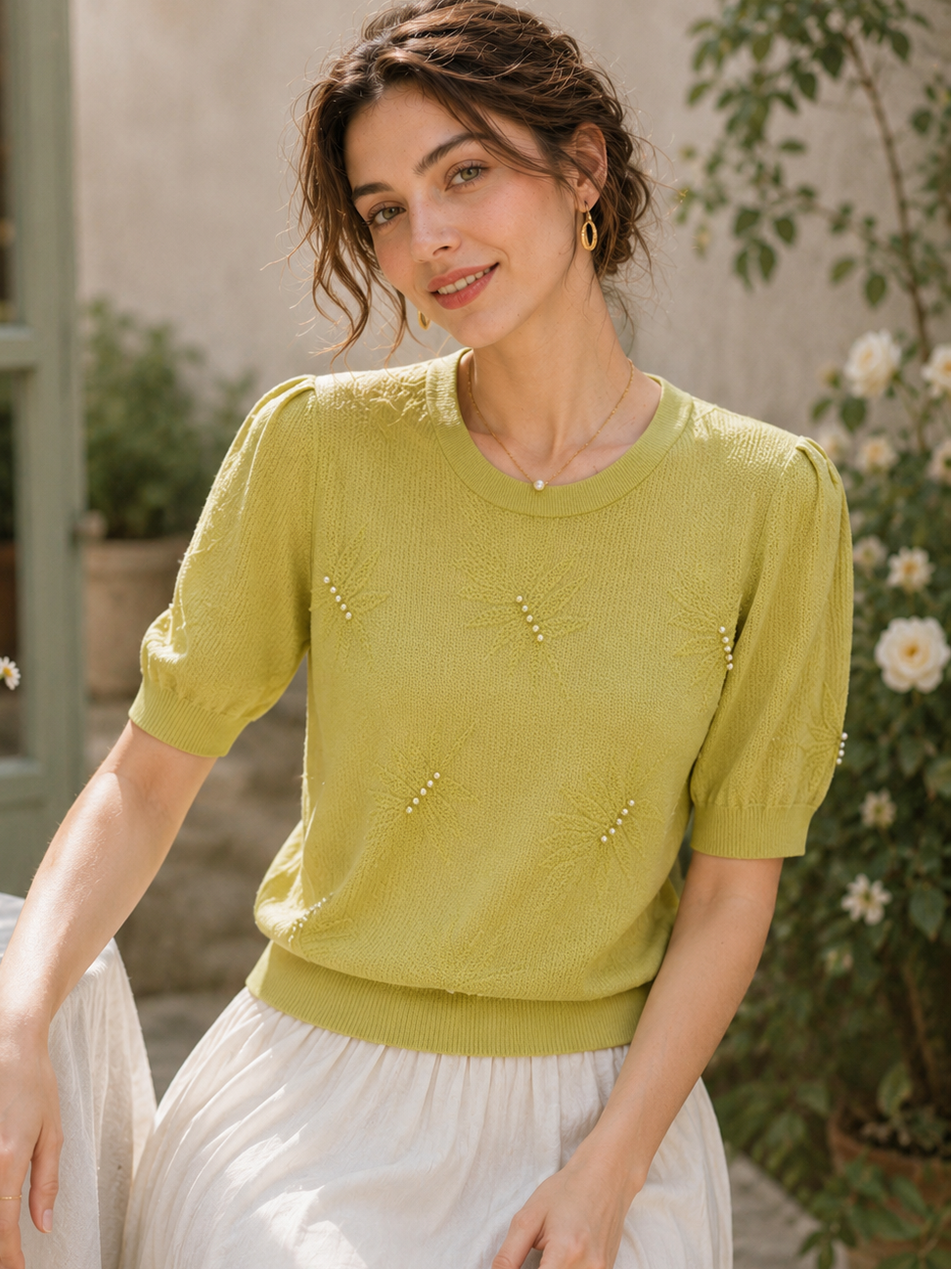 Brianna Casual Puff Sleeve Jacquard Beaded Knitted Top