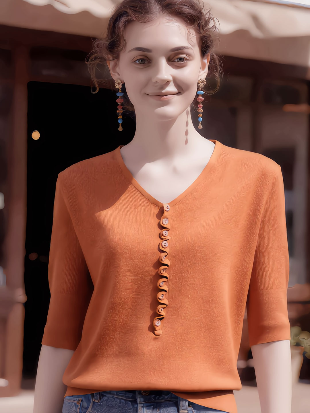 Kayla Loose V-Neck Button Knitted Top-Orange