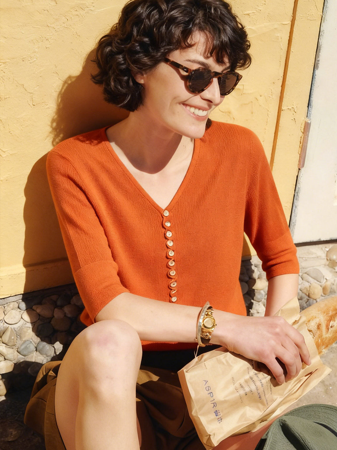 Kayla Loose V-Neck Button Knitted Top-Orange