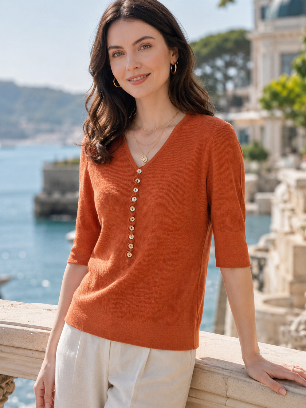 Kayla Loose V-Neck Button Knitted Top