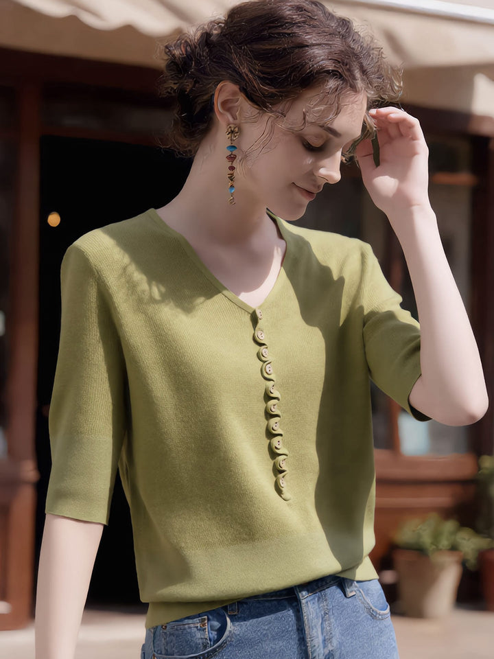 Kayla Loose V-Neck Button Knitted Top-Orange