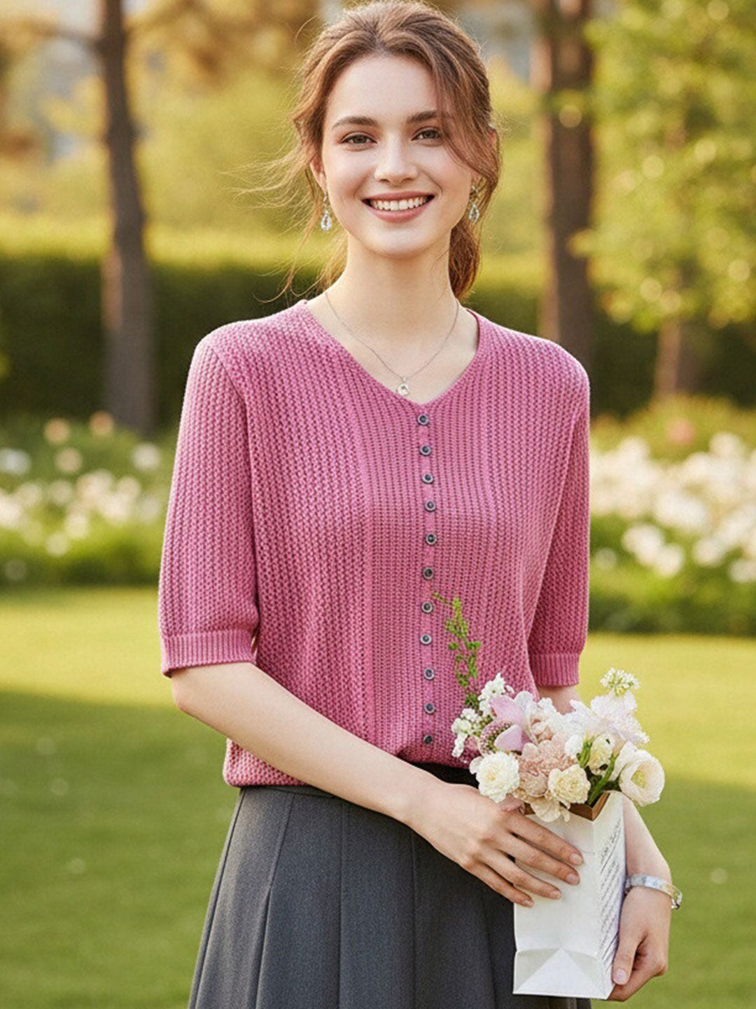 Emma Casual V-Neck Hollowed Knitted Top