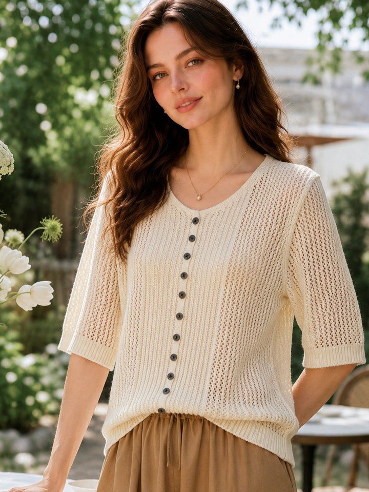 Emma Casual V-Neck Hollowed Knitted Top