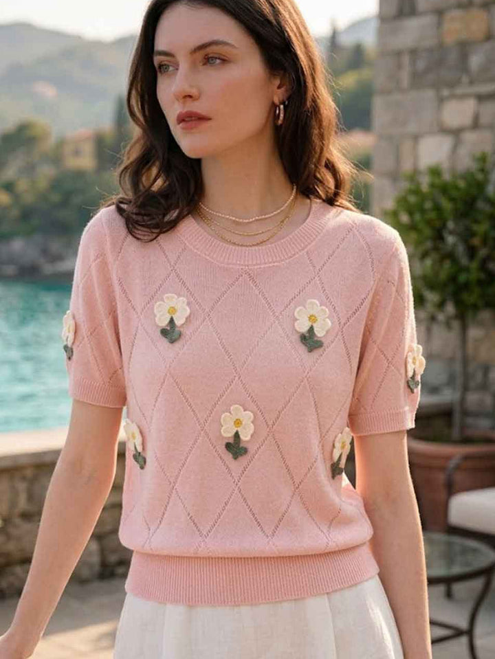 Emily Classic Crew Neck Hollowed Embroidered Knitted Top