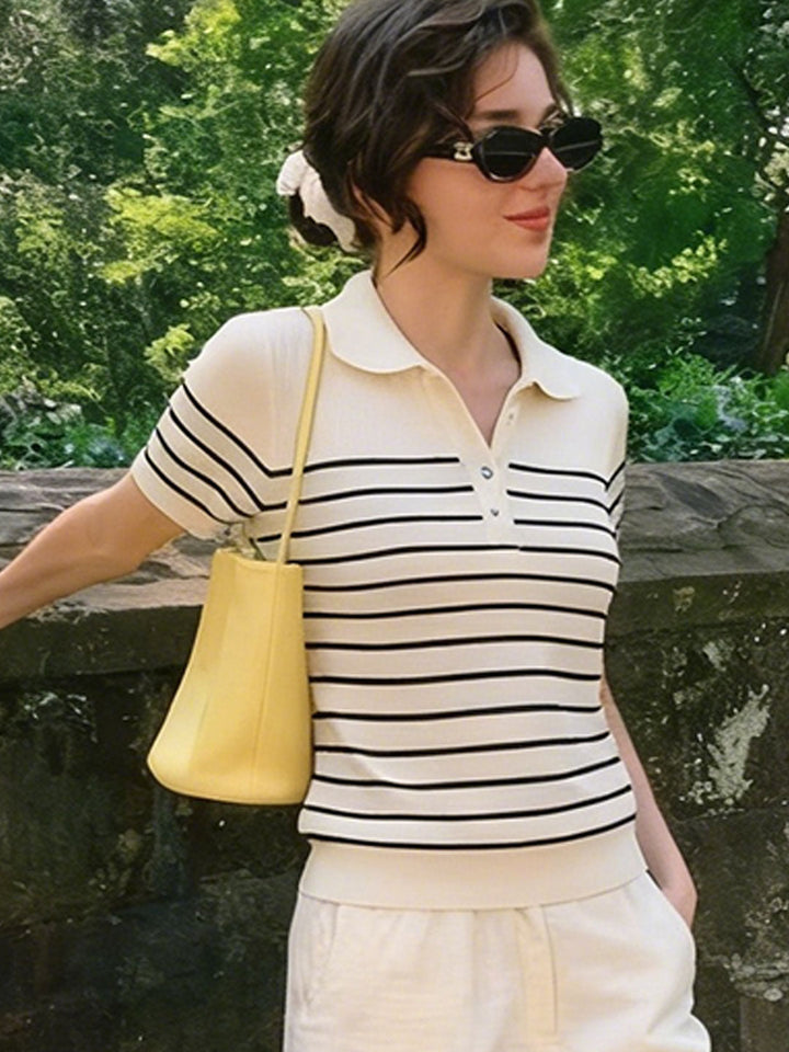 Anna Loose Polo Collar Striped Knitted Top