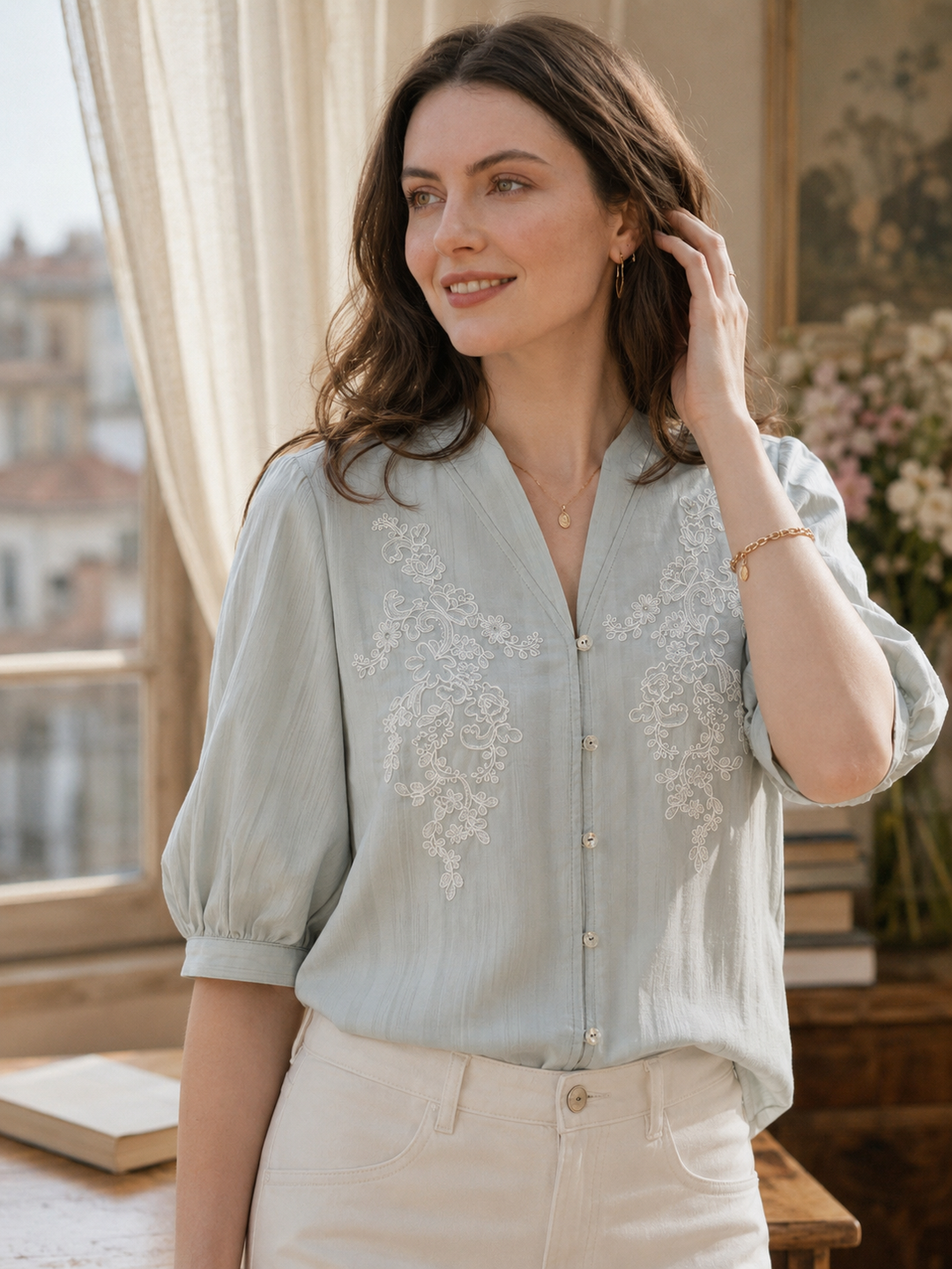 Sofia Daily V-Neck Solid Color Textured Blouse