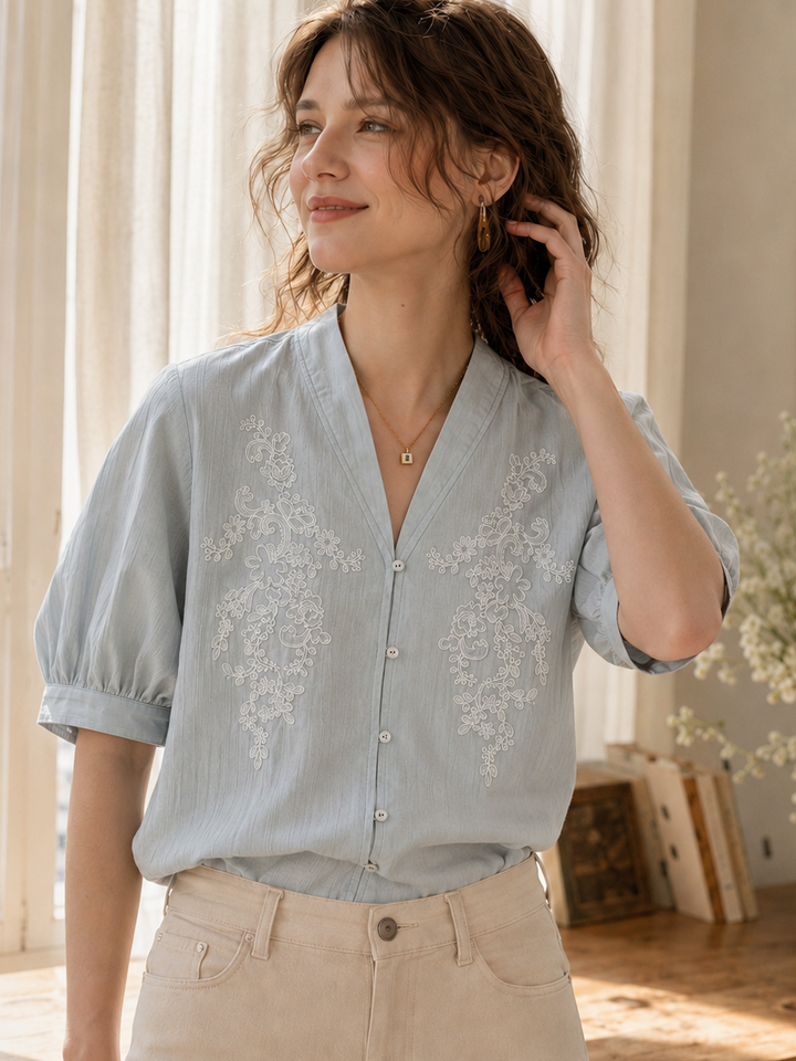 Sofia Daily V-Neck Solid Color Textured Blouse
