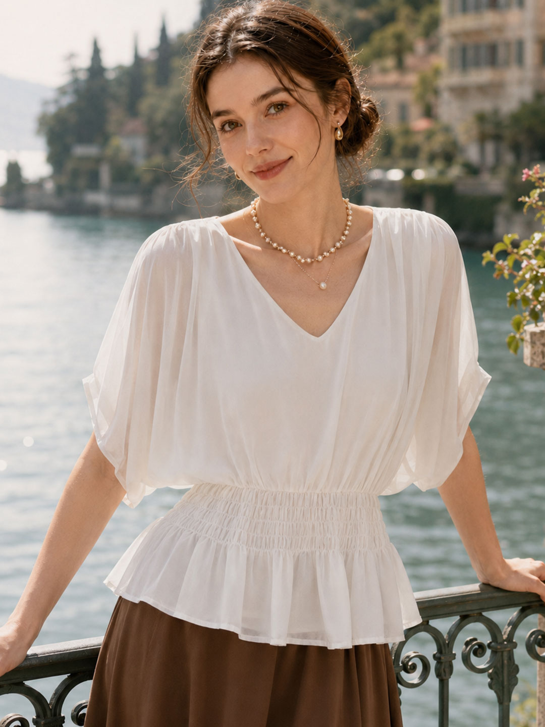 Hailey Loose V-neck Waisted Batwing Sleeve Shirt