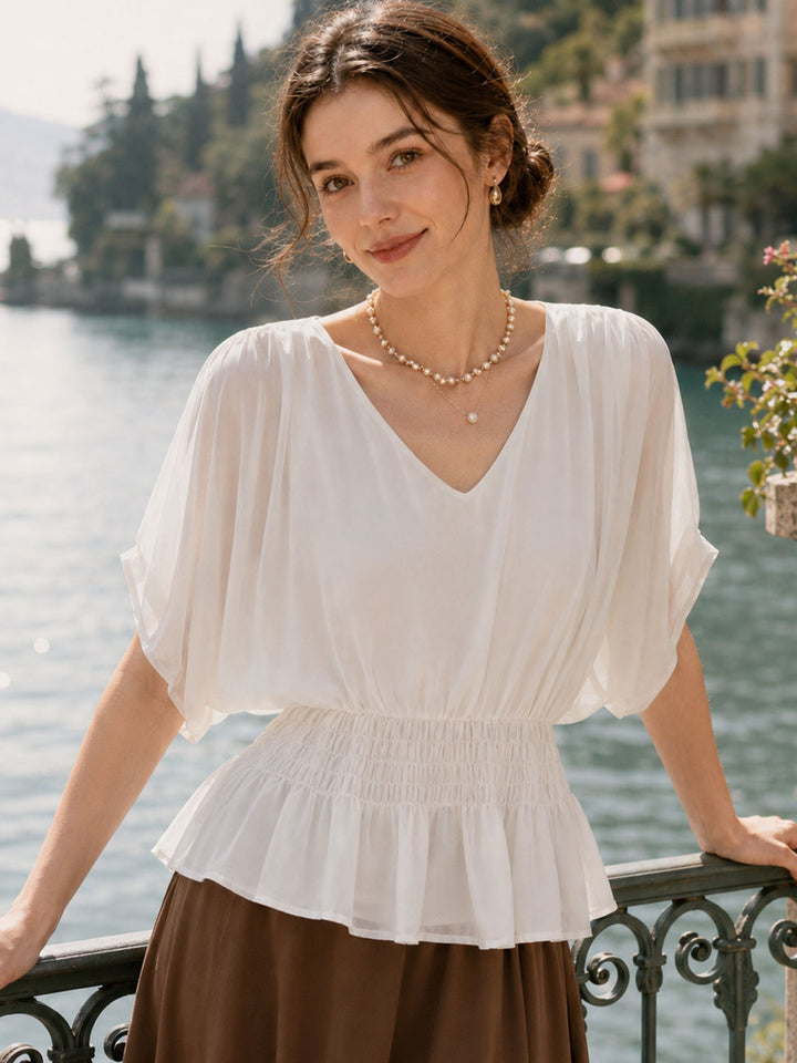 Hailey Loose V-neck Waisted Batwing Sleeve Shirt